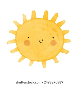 Cute Nursery Vector Illustrations with Smiling Sun. Happy Sun on a White Background. Hand Drawn Kawaii Style Cartoon ideal for Wall Art, Poster. Kids' Room Decoration.