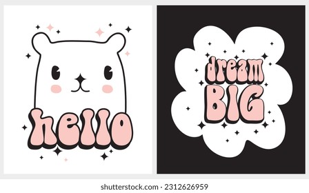Ilustraciones de vectores de guardería con oso polar dulce y saludo rosado negro sobre fondo blanco. Impresión con "Dream Big" en una nube de historietas blancas en un diseño negro ideal para arte en pared, afiche, tarjeta. 