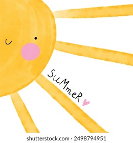 Cute Nursery Vector Print with Smiling Sun. Summer Love. Happy Sun on a White Background. Hand Drawn Kawaii Style Cartoon ideal for Wall Art, Poster. Kids' Room Decoration.