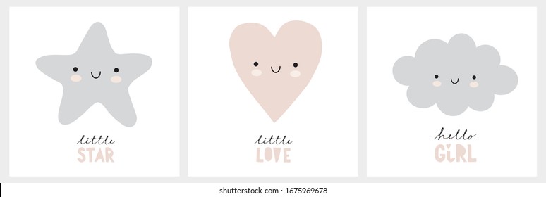 Cute Nursery Vector Wall Art Set. Funny Smiling Star, Lovely Pink Heart and Fluffy Gray Cloud Isolated on a White Background. Hello Girl. Little Love. Little Star. Baby Shower Vector Illustrations.