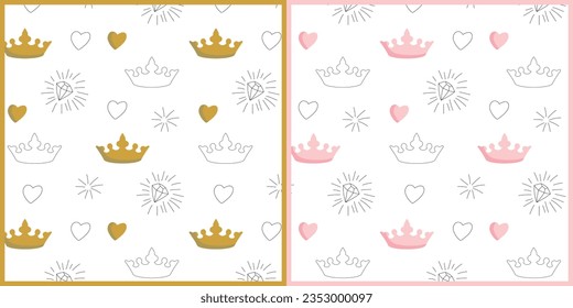 Cute nursery wall art set. Lovely pink golden and black outline crown diamond and heart on a white background seamless pattern collection. Vector Illustrations.