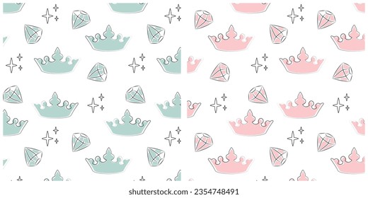 Cute guardería de arte en la pared. El precioso rombo y las estrellas de la corona azul rosado se repiten en un fondo blanco y una colección de patrones sin fisuras. Diseño infantil Doodle. Ilustraciones vectoriales.