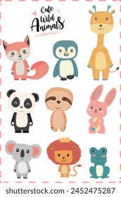 Cute nursery wild animal pastel hand drawn collection  penguin, giraffe, panda, sloth,rabbit, koala, lion, frog