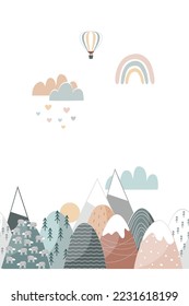 Cute nurswery poster with doodle hand drawn mountains and clouds. Modern cartoon style vector illustration