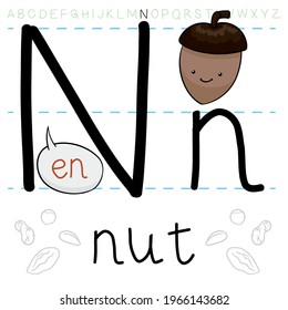 Cute nut with beret like an acorn and other examples in doodle style, ready for grammar practice of the letter 'N' of English alphabet.