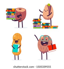 Cute nut with book vector cartoon characters set isolated on a white background.