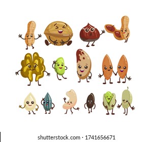 Cute nut characters flat icon set. Cartoon funny walnut, pistachio peanut, hazelnut, almond and pecan isolated vector illustration collection. Nature and mascot concept