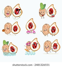 Cute nut meg characters set, collection. Flat vector illustration. Activities, playing musical instruments, sports, funny nuts.