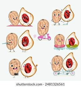 Cute nut meg characters set, collection. Flat vector illustration. Activities, playing musical instruments, sports, funny nuts.