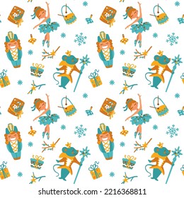 Cute Nutcracker und Ballerina auf weißem Hintergrund, Weihnachtsdruck. Weihnachtsgeschenk. Nahtloses Muster. Vektorgrafik.