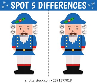 Cute nutcracker in cartoon style. Find 5 differences. Educational matching christmas game for children. Printable worksheet with solution for school and preschool.