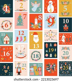 Cute nutcracker christmas advent calendar design. Colorful festive illustration, background for calendar, wall decor, card, banner etc. 