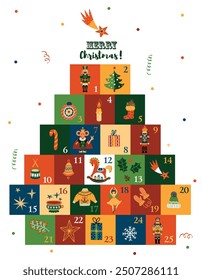 Cute nutcracker christmas advent calendar design. Christmas tree. Transparent background. Colorful  illustration, background for calendar, wall decor, card, banner etc.