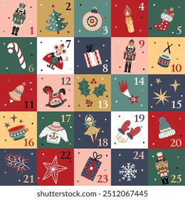 Design bonito do calendário do advento do Natal nutcracker. Ilustração colorida, fundo para calendário, decoração de parede, cartão, banner etc.