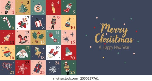 Cute nutcracker christmas advent calendar design. Colorful  illustration, background for calendar, wall decor, card, banner etc.