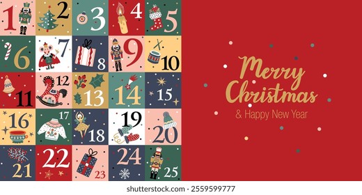 Cute nutcracker christmas advent calendar design. Colorful  illustration, background for calendar, wall decor, card, banner etc.