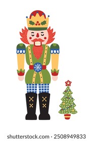 Cute nutcracker with a christmas tree.Christmas illustration. Transparent background.