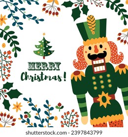 Cute Nutcracker.  Christmas vector card. Colorful illustration. 