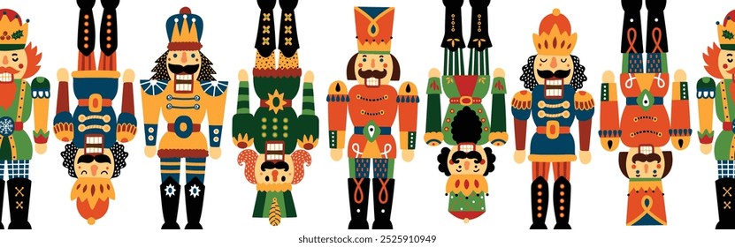 Cute Nutcracker horizontal seamless border. Merry Christmas, New Year wallpaper.