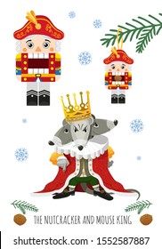 Cute Nutcracker from a winter Christmas fairy tale and the evil Mouse King. Set on a white background. Funny flat style for holiday cards, posters for Christmas, New Year.