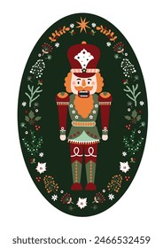 Cute Nutcracker and  wreath. Vector illustration. Cute poster.