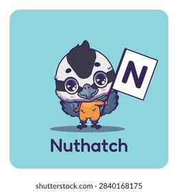 Cute nuthatch holding flag with letter N for fun educational purposes, illustrations