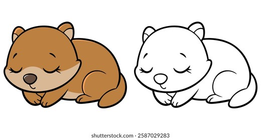 Cute Nutria Sleeping Cartoon Isolated Coloring Book For Kids Printable Outline Vector