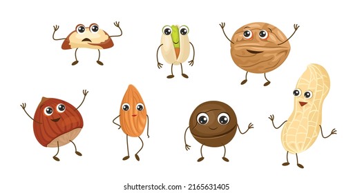 Cute nuts characters. Collectionof funny food vector illustration. Cartoon happy macadamia, walnut, almond, hazelnut, pistachio, peanut, brazil nut. Set of flat Vector illustration.