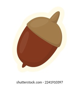 Cute Oak acorn with a hat isolated on white background. Autumn flat vector illustration. Autumn or fall concept