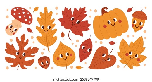 Bellota de roble lindo, hojas de naranjo, calabaza vegetal y seta del bosque kawaii personajes de la naturaleza del otoño con caras sonrientes conjunto de dibujos animados aislados. Ilustración vectorial de Elementos decorativos de temporada