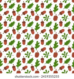 Hojas de roble y bellotas vectoriales sin fisuras. Diseño plano de fondo para papel envolvente, tarjeta de saludo, banners, azulejos de cerámica, decoración.