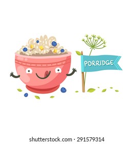 Cute oatmeal bowl character smiling and posing near "Porridge" flag. Healthy breakfast concept. Vector colorful illustration with oatmeal, berries, bananas and cereals isolated on white