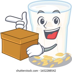 Cute oats milk cartoon character having a box