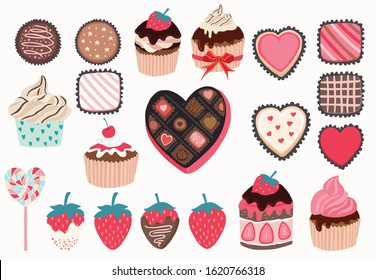 Cute object valentine collection with chocolate,strawberry,cupcake.Vector illustration for icon,logo,sticker,printable