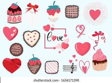 Cute object valentine collection with chocolate,strawberry,cupcake.Vector illustration for icon,logo,sticker,printable