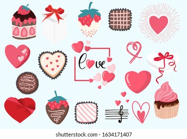 Cute object valentine collection with chocolate,strawberry,cupcake.Vector illustration for icon,logo,sticker,printable