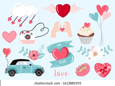 Cute Object Valentine Collection With Flower,car,cupcake.Vector Illustration For Icon,logo,sticker,printable