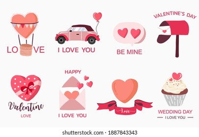 Cute object valentine collection with heart, cake,balloon.Vector illustration for icon,sticker,printable