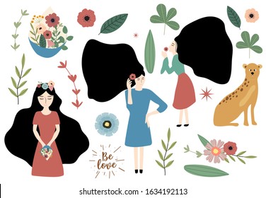 Cute object women's day collection with woman,hair,flower.Vector illustration for icon,logo,sticker,printable