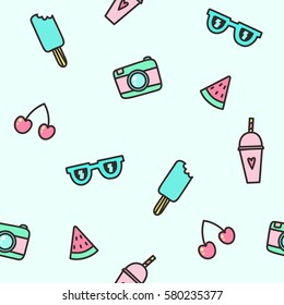 Cute objects. Camera, ice cream, glasses, watermelon, smoothie. Vector hand drawn seamless pattern.