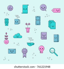 Cute objects, cellphone, cloud, flower pot, envelope, coffee cup, tea, mug, clock, sketchbook, notebook, book vector background