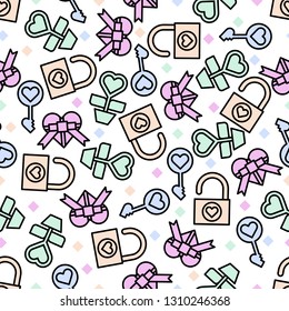 Cute objects and elements in seamless patterns background for Valentine’s day.
