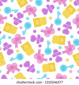 Cute objects and elements in seamless patterns background for Valentine’s day.
