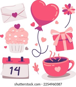 Cute objects and elements for Valentine's Day card design with love letter, heart shape balloon, ice cream, gift box, calendar, and coffee cup.