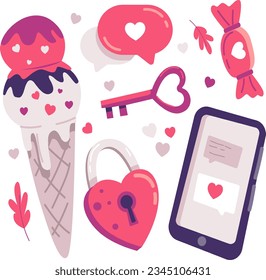Cute objects and elements for Valentine's Day design with ice cream, love message, candy, key, sms, smartphone and hear shape padlock.