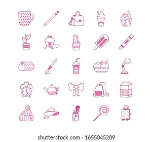 cute objects half line half color style icon set design, Ornament art cute idea creative and decorative theme Vector illustration