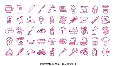 cute objects half line half color style icon set design, Ornament art cute idea creative and decorative theme Vector illustration