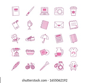 cute objects half line half color style icon set design, Ornament art cute idea creative and decorative theme Vector illustration