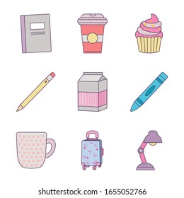 cute objects line and fill style icon set design, Ornament art cute idea creative and decorative theme Vector illustration