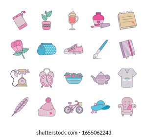 cute objects line and fill style icon set design, Ornament art cute idea creative and decorative theme Vector illustration